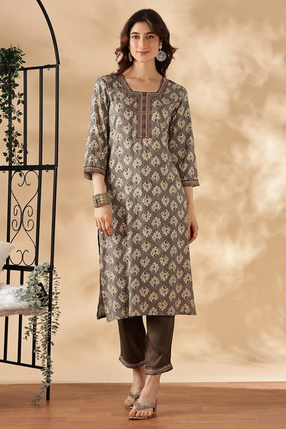 BulBul Shamaira Printed Grey & Rust Rayon Salwar Suit - Lightweight, Stylish Ethnic Wear for Women