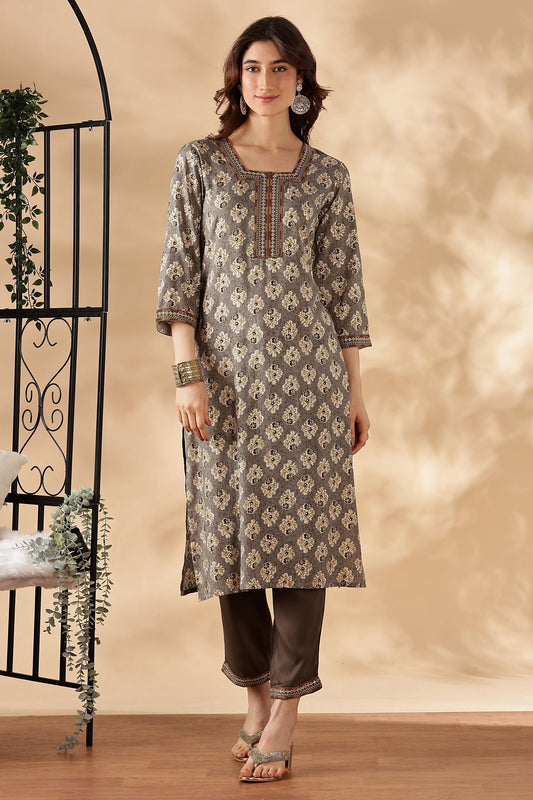 BulBul Shamaira Printed Grey & Rust Rayon Salwar Suit - Lightweight, Stylish Ethnic Wear for Women