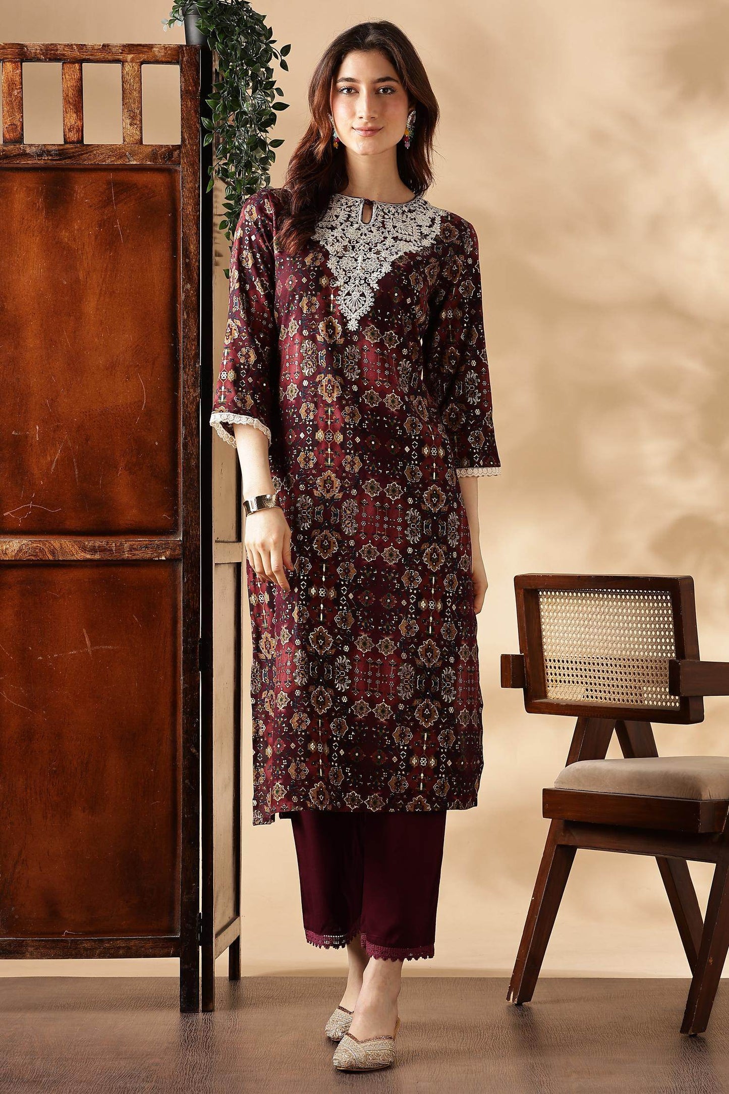Stylish Anjali Rayon Kurta Set in Wine and Teal with Dupatta