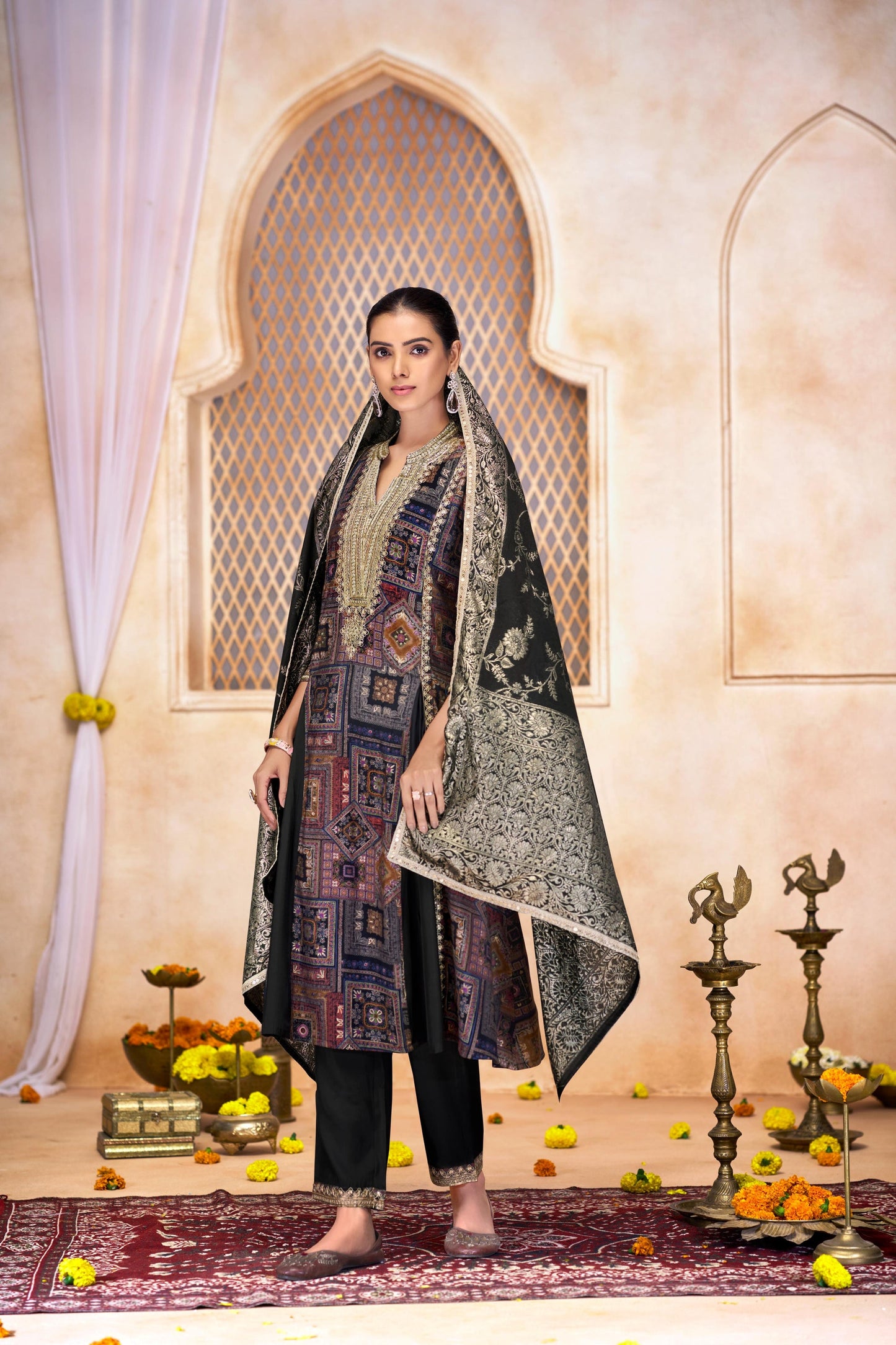 Rashmi Black Thread & Sequins Embellished Chanderi Silk Suit Set with Jacquard Dupatta