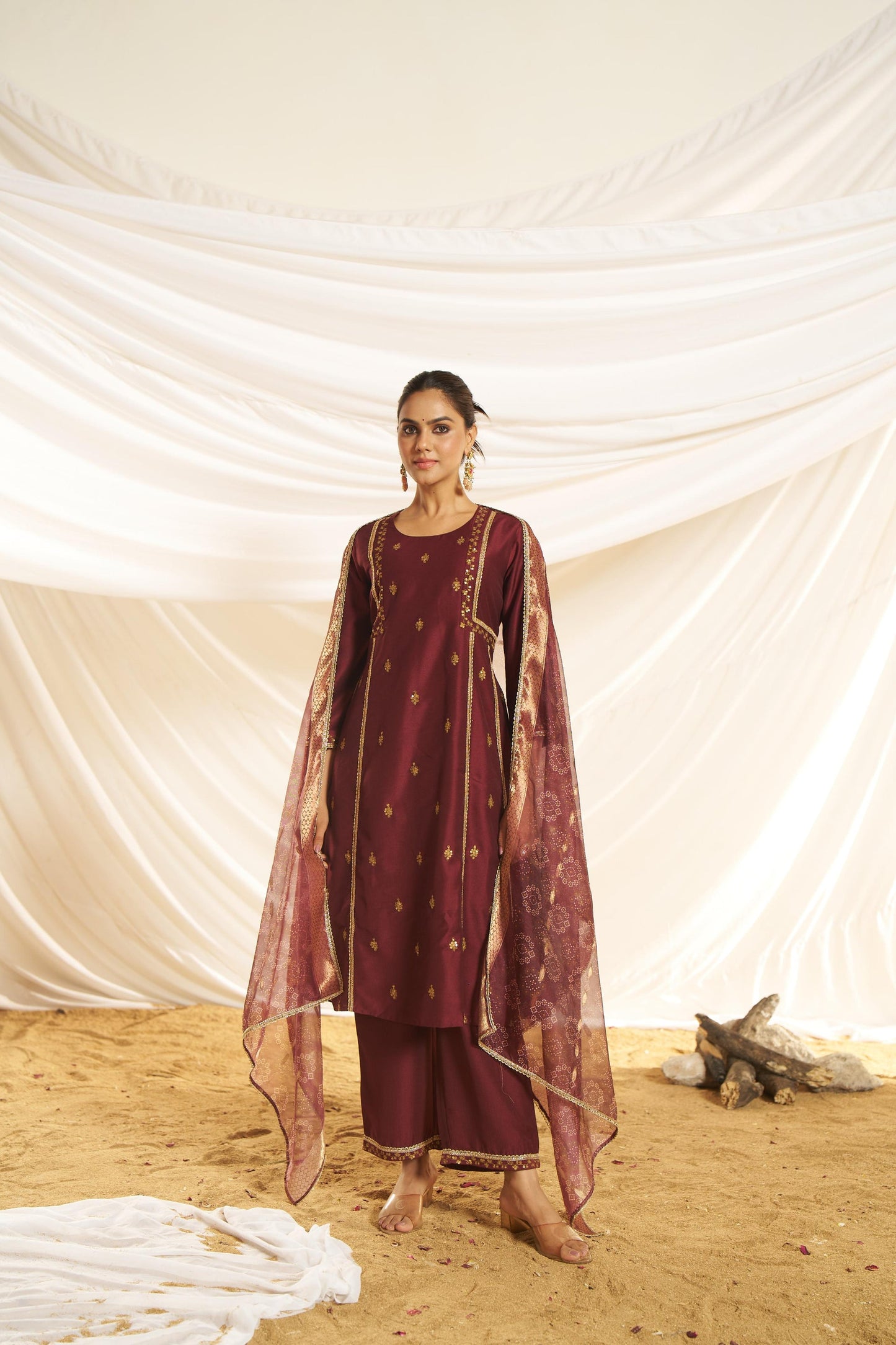 Kayra Maroon Sequins A-Line Suit Set with Lace Borders - Chinnon Silk