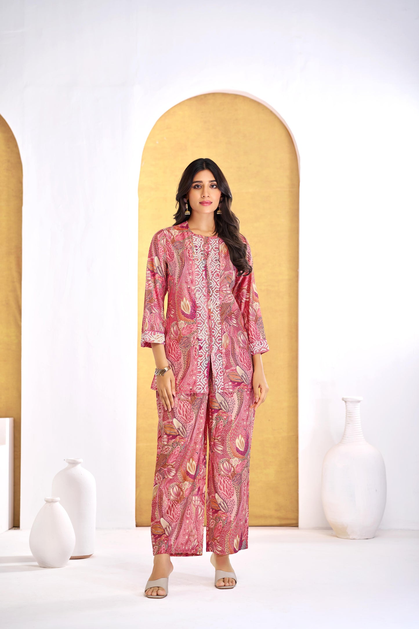 Saumya Mauve Rust Modal Chanderi Co-Ord Set with Embroidered Details