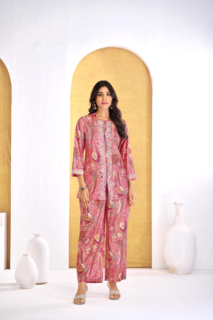 Saumya Mauve Rust Modal Chanderi Co-Ord Set with Embroidered Details