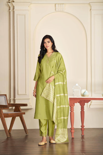 Nakshatra Green and Purple Silk Kurta Set with Dupatta – Elegant Festive Ethnic Wear for Women