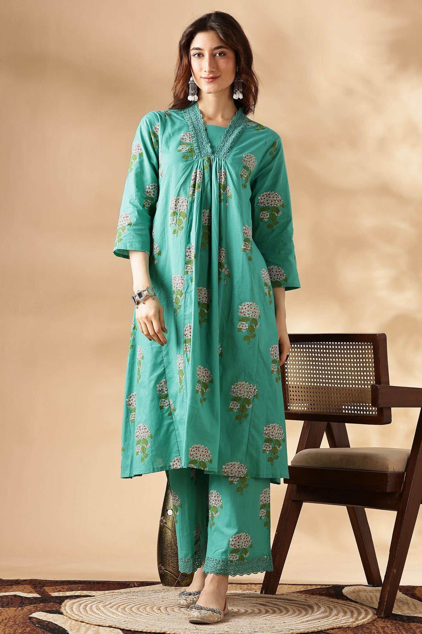 Karishma Cotton Green Kurta Set with Dupatta | Elegant Ethnic Wear for Women