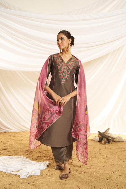 Kayra Brown Beaded Embroidered Chinnon Silk A-Line Suit Set with Cotton Lining