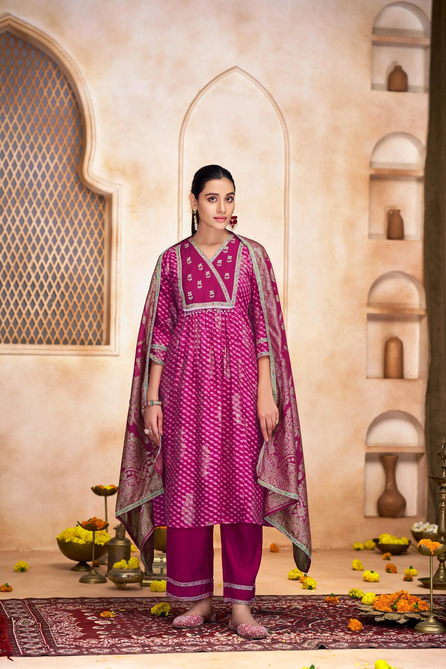 Rashmi Fuschia & Green Kurta Set with Dupatta - Elegant Modal Chanderi Ethnic Wear - warehousetech13
