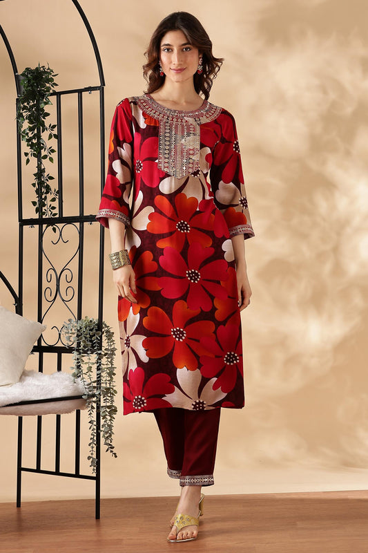 BulBul Roli Floral Printed Red & Grey Rayon Salwar Suit for Women | Elegant Ethnic Wear Set