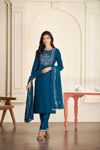 Prachi Silk Teal & Beige Kurta Set with Dupatta for Women - warehousetech13