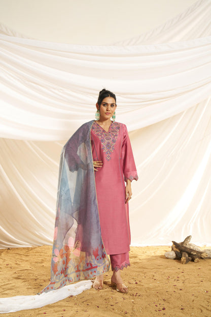 Kayra Blush Pink Embroidered A-Line Suit Set - Chinnon Silk with Cotton Lining