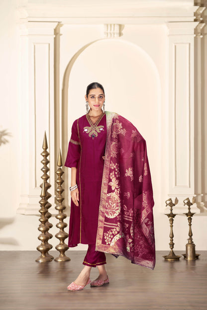 Shruti Silk Kurta Set with Dupatta - Wine & Ice Blue Ethnic Wear for Women