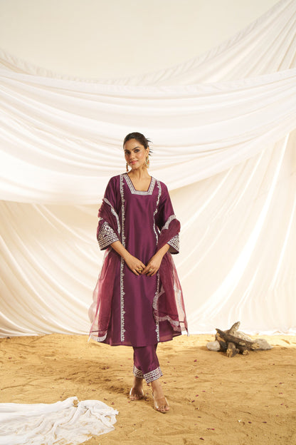 Kayra Wine Aari Embroidered Chinnon Silk A-Line Suit Set with Cotton Lining