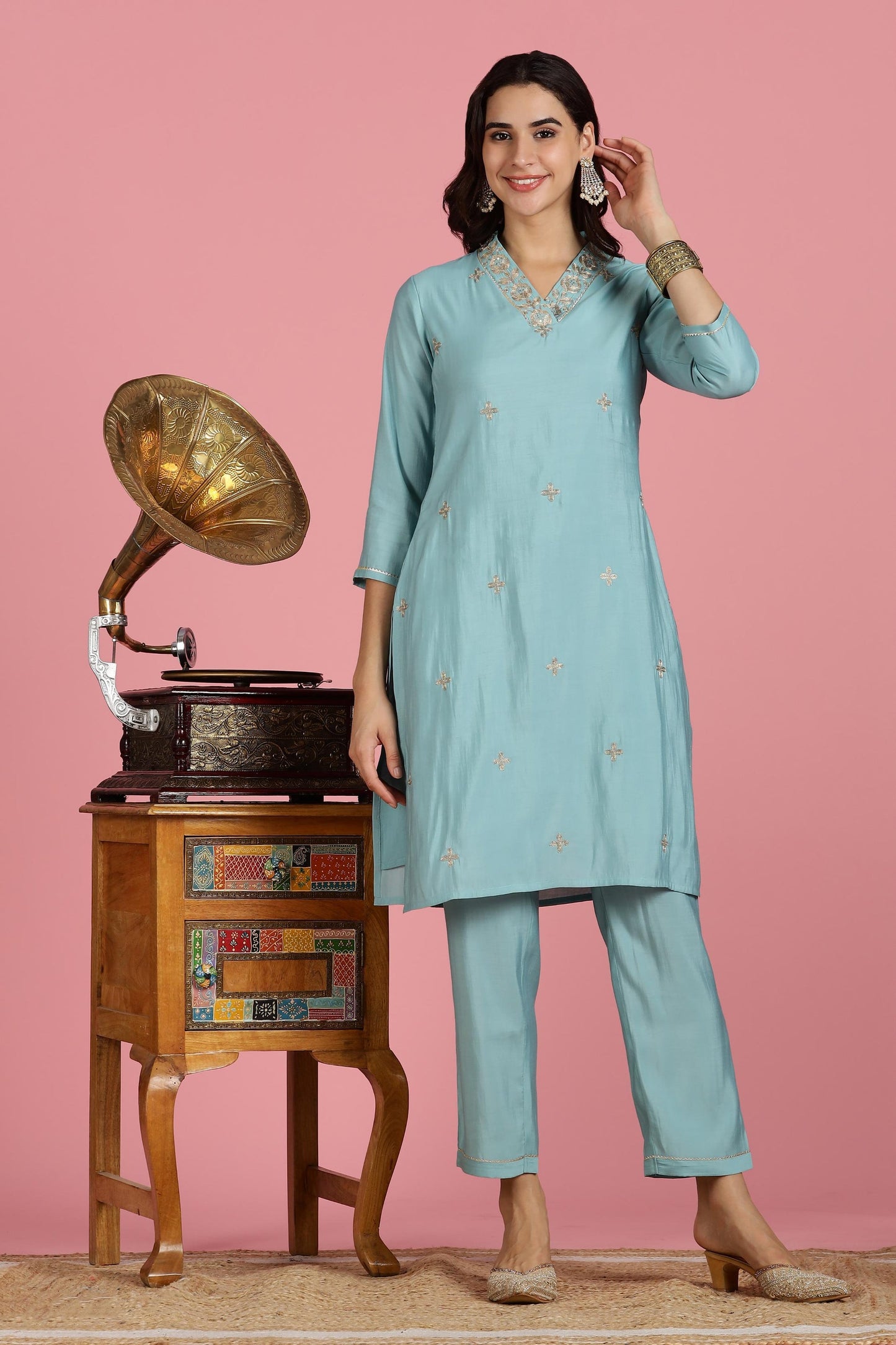 Sky Blue Chanderi Silk Kurta Set with Zari Neckline & Sequin Work