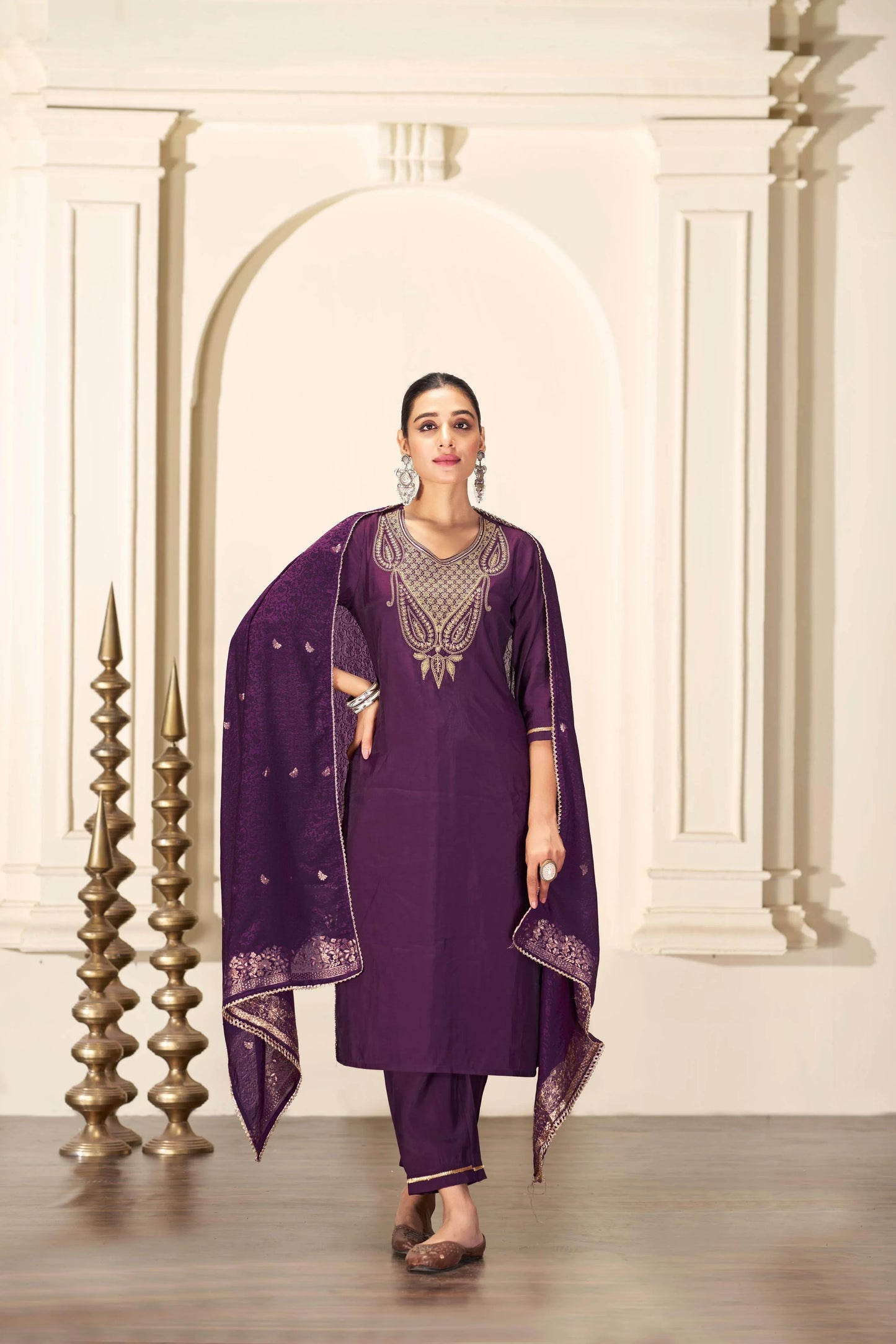 Women's Gita Purple Green Silk Kurta Set with Dupatta - Ethnic Festive Wear - warehousetech13