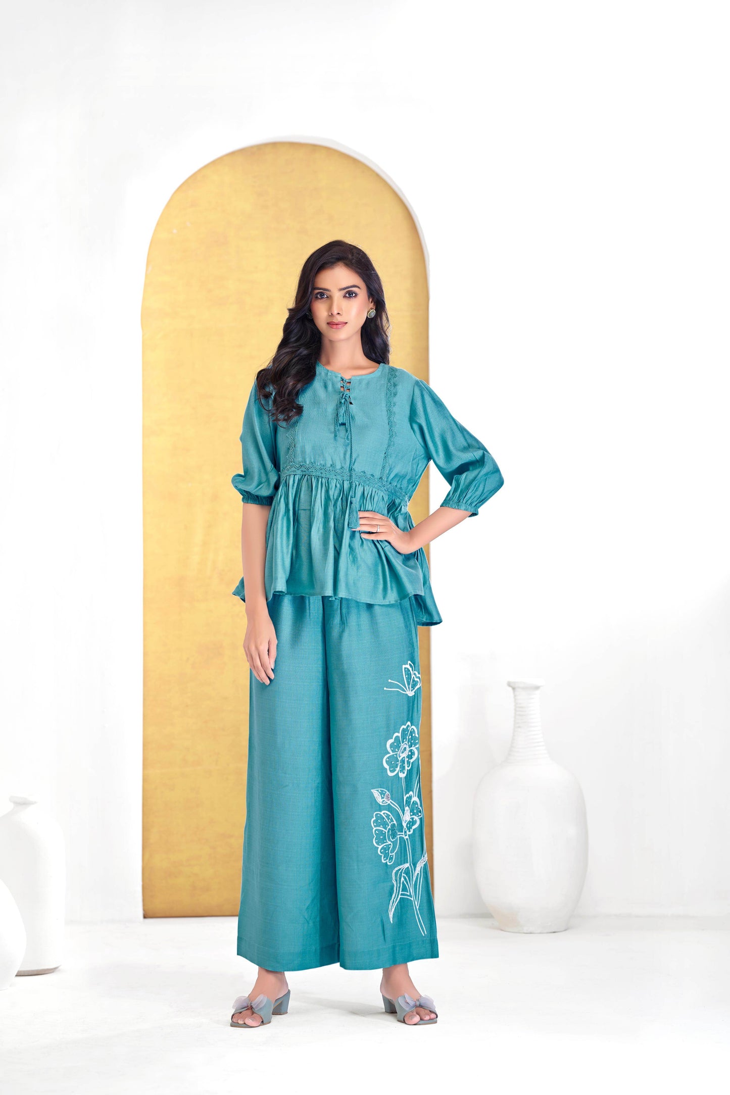 Nira Iceblue & Black Two-Piece Co-Ord Set for Women