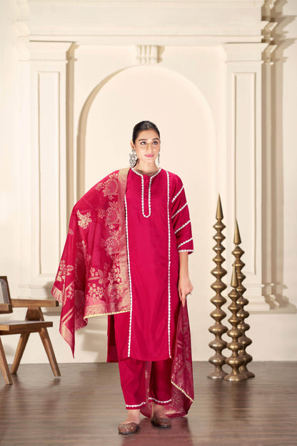Almina Navy & Red Silk Kurta Set with Dupatta | Festive Ethnic Wear for Women