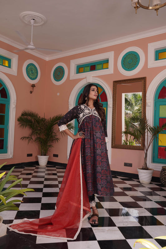 Bhumika Chanderi Red Kurta Set with Dupatta – Elegant Ethnic Wear for Women