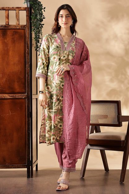 Designer Aafiya Green and Mauve Rayon Kurta with Dupatta Set