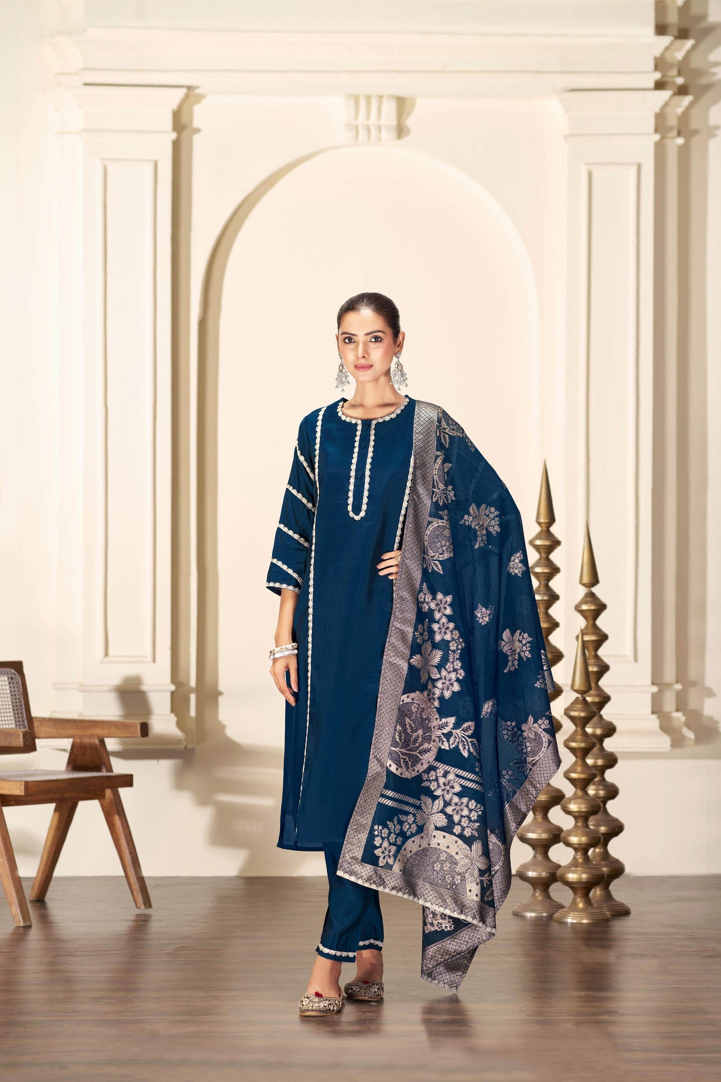 Almina Navy & Red Silk Kurta Set with Dupatta | Festive Ethnic Wear for Women