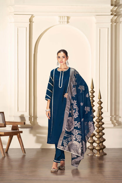 Almina Navy & Red Silk Kurta Set with Dupatta | Festive Ethnic Wear for Women