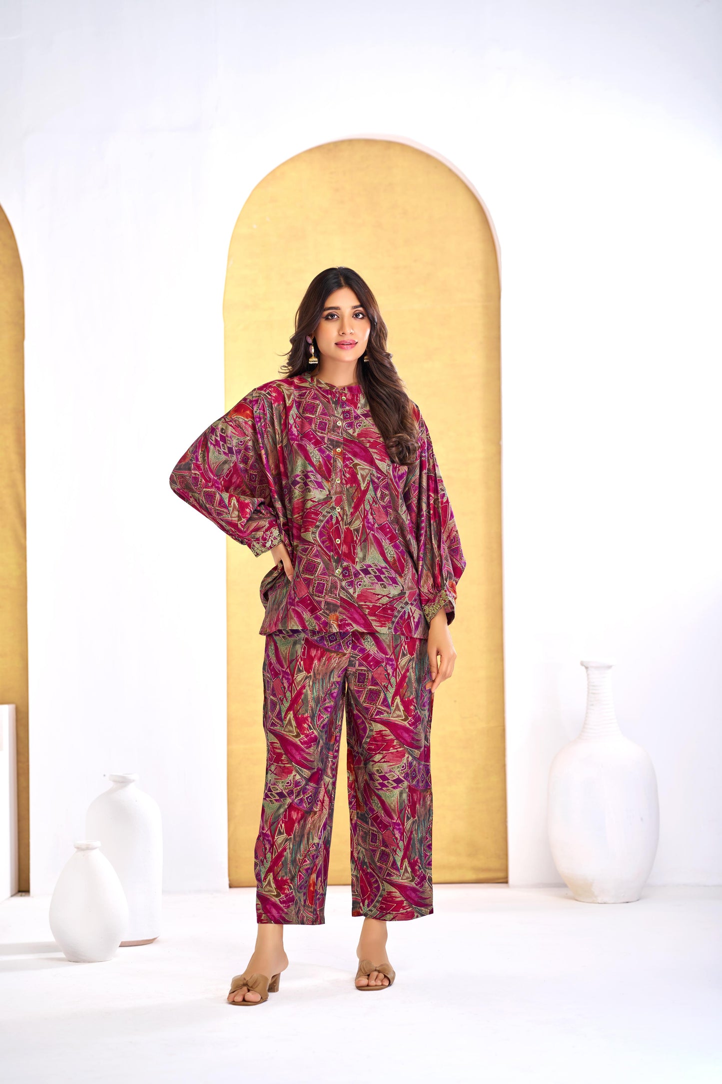 Pratiksha Modal Chanderi Co-Ord Set in Red & Olive - Printed Ethnic Wear