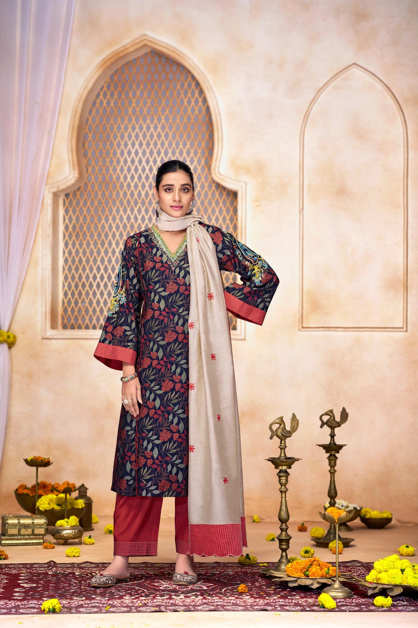 Rashmi Navy Multi-Color Embroidered Chanderi Silk Suit Set with Zari & Sequins