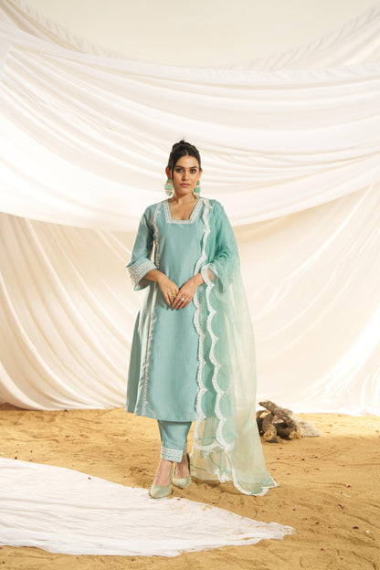 Kayra Aqua Aari Embroidered Chinnon Silk A-Line Suit Set with Cotton Lining