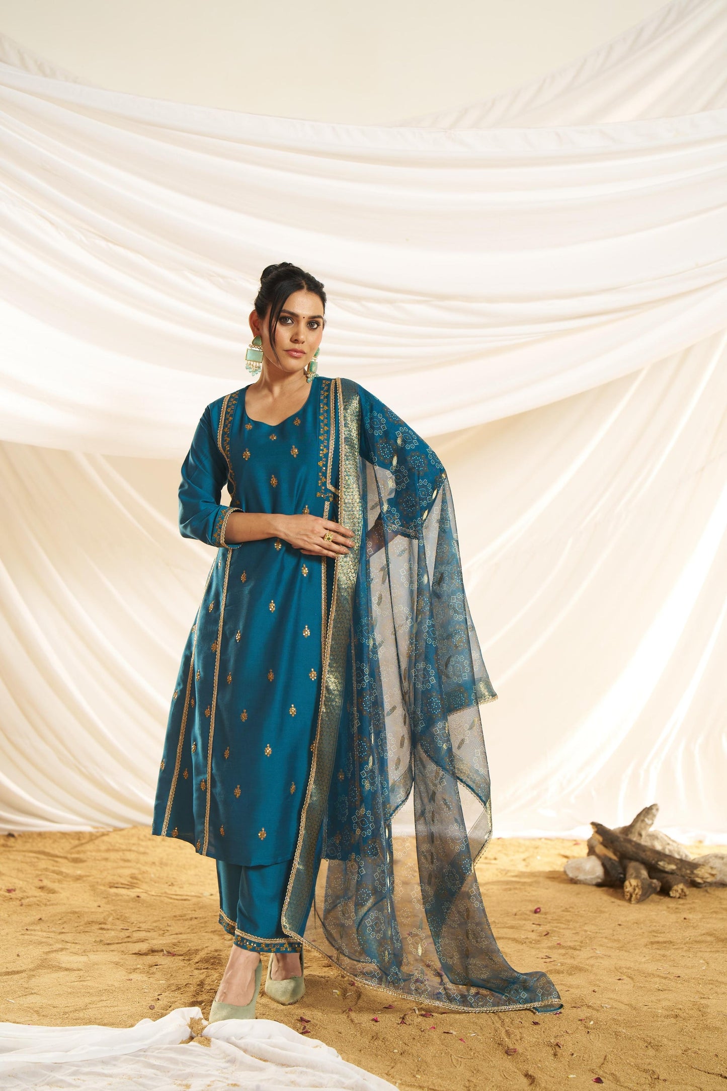 Kayra Teal Sequins A-Line Suit Set - Chinnon Silk with Cotton Lining