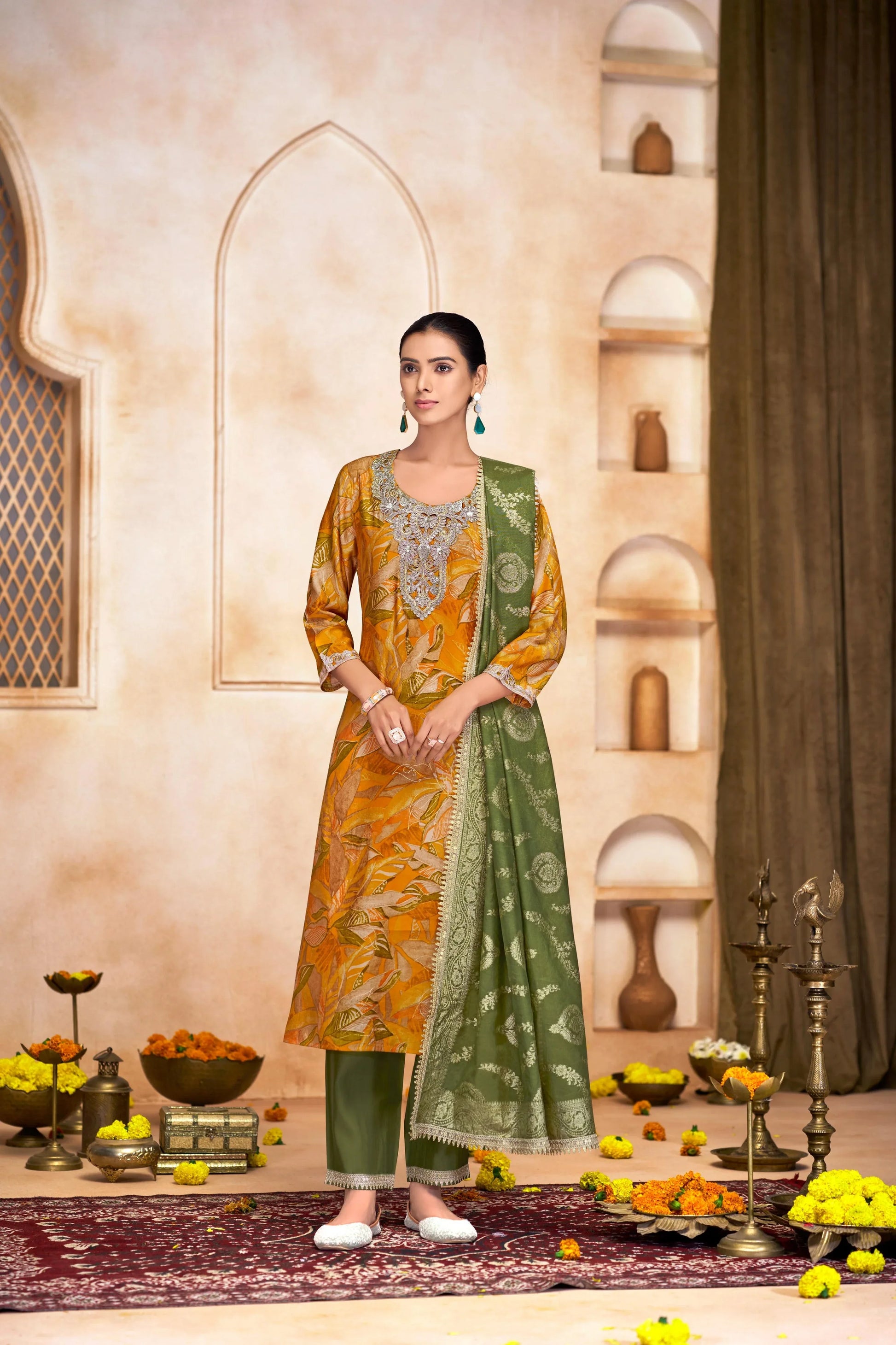 Rashmi Printed Fuchsia And Mustard Kurta Set with Dupatta – Chanderi Silk, Ethnic Wear for Women - warehousetech13