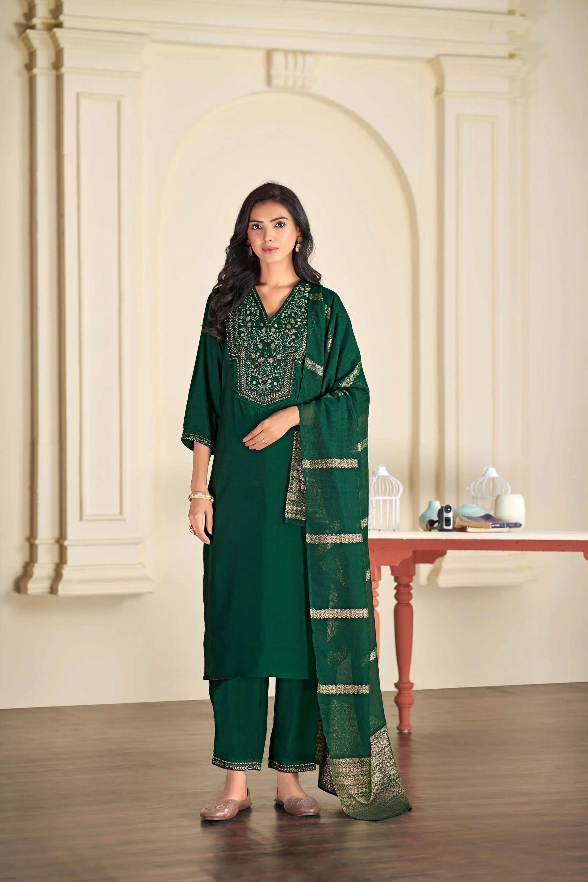BulBul Ruhani Solid Green and Maroon Embroidered Roman Silk Salwar Suit for Women - warehousetech13