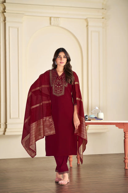 BulBul Ruhani Solid Green and Maroon Embroidered Roman Silk Salwar Suit for Women - warehousetech13