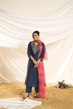 Kayra Navy Multicolor Embroidered Chinnon Silk Suit Set - Straight Fit