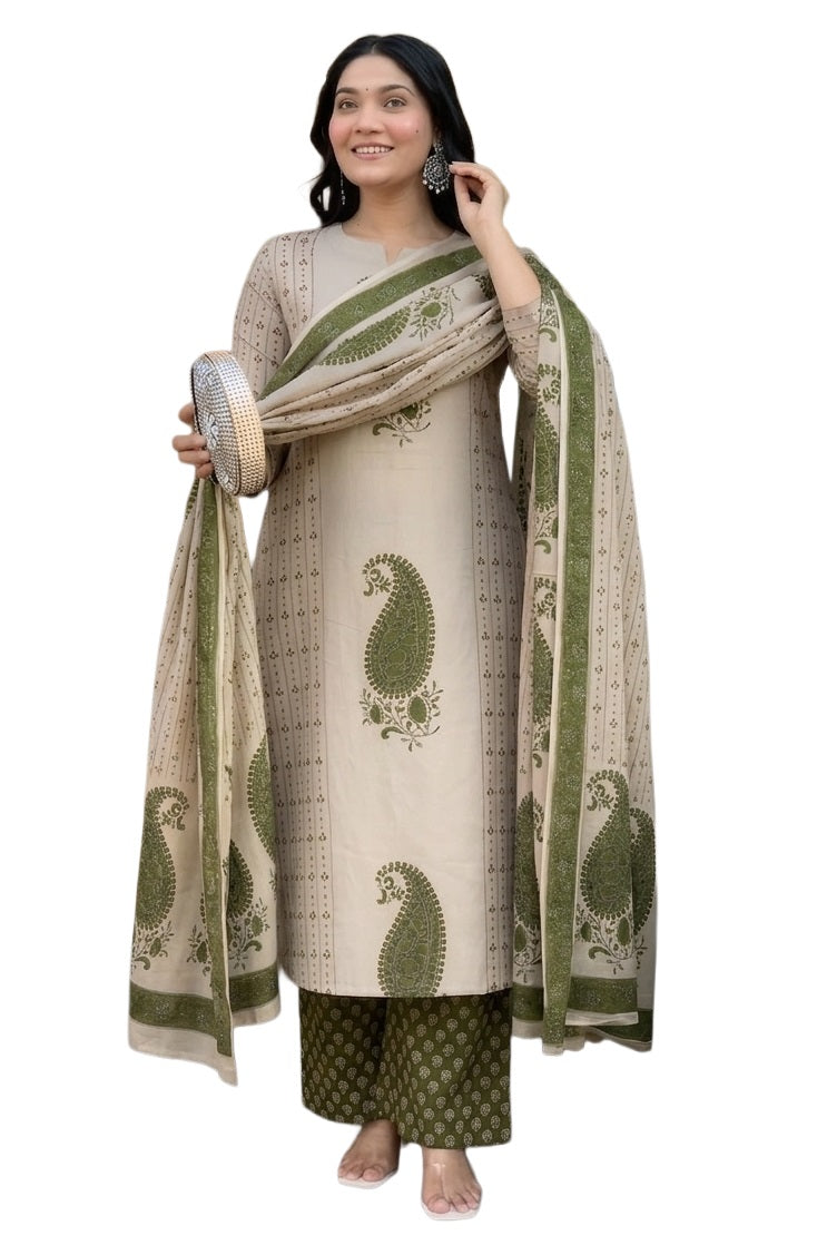 Green Block Printed Viscose Straight Kurta Set with Palazzo & Dupatta
