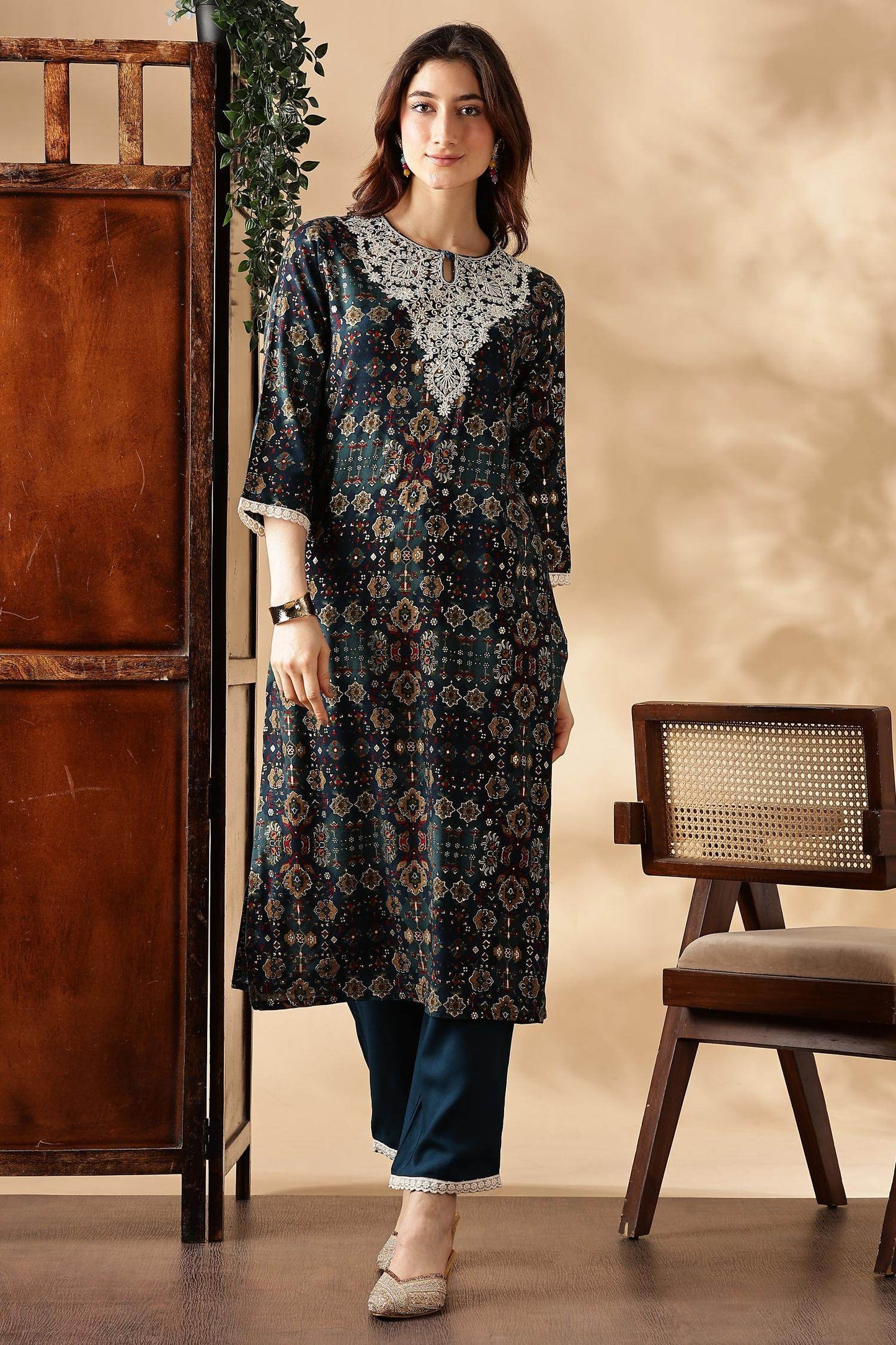 Stylish Anjali Rayon Kurta Set in Wine and Teal with Dupatta
