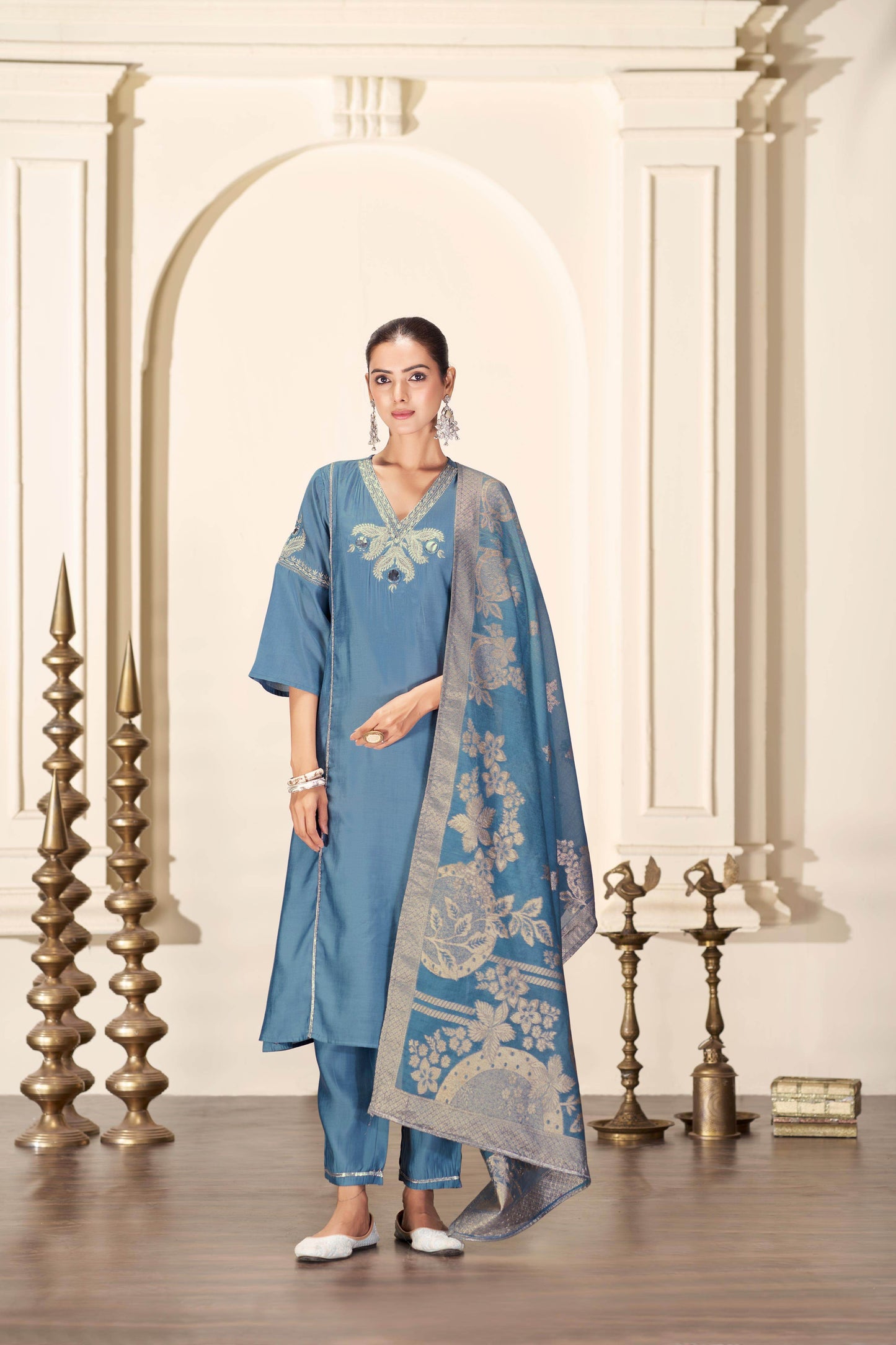 Shruti Silk Kurta Set with Dupatta - Wine & Ice Blue Ethnic Wear for Women