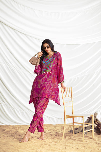 Ashka Chanderi Co-Ord Set in Fuschia & Mustard – Elegant Ethnic Wear, Lightweight & Stylish