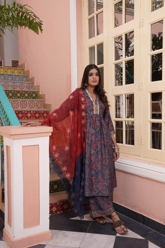 Inaya Classic Blue Chanderi Kurta Set for Festive Occasions