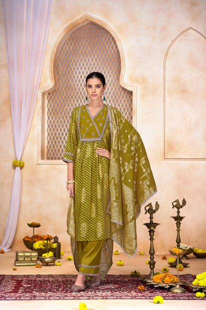 Rashmi Mehndi Green Chanderi Silk Suit Set with Beads, Sequins & Mul Lining