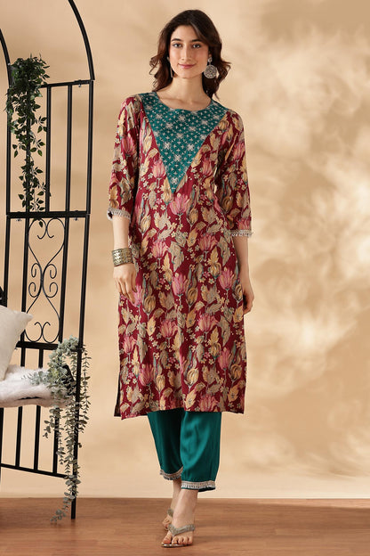 BulBul Areba Printed Wine & Olive Rayon Salwar Suit for Women – Elegant Ethnic Wear Set