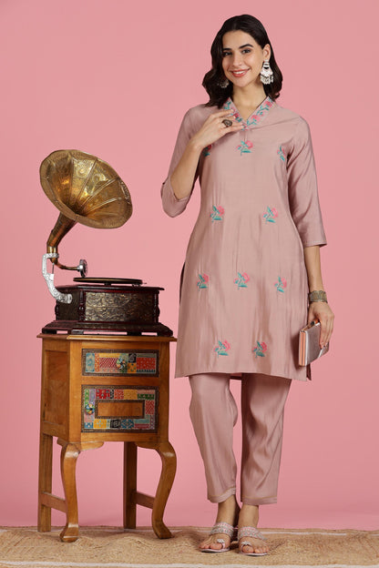 Blush Pink Floral Kota Doriya Kurta Set with Zari Sequin Neckline & Dupatta