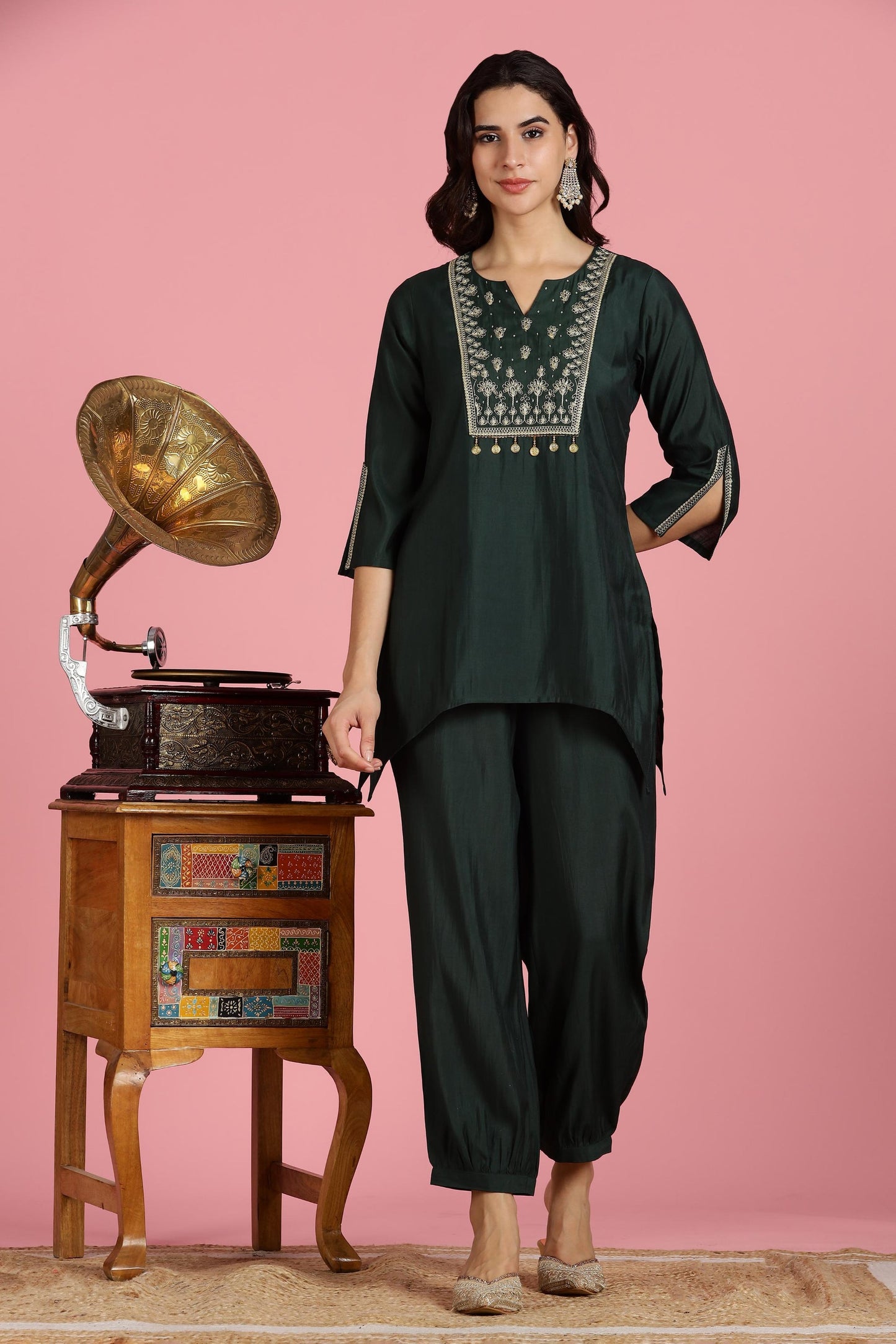 Dark Green Chanderi Silk Kurta Set with Zari Yoke & Coin Embroidery