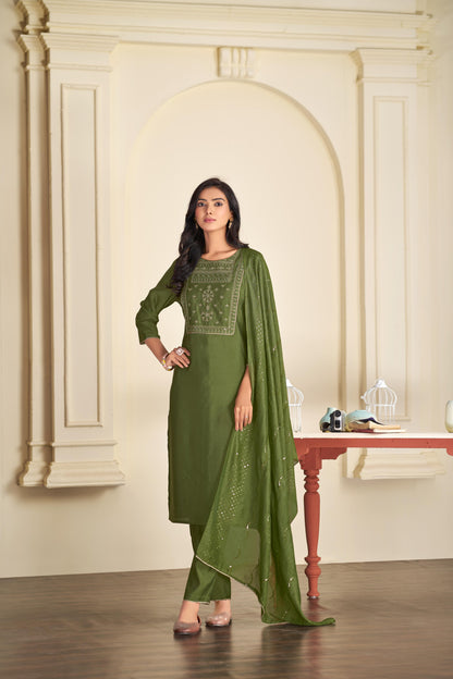 BulBul Aadvi Solid Grey & Green Embroidered Roman Silk Salwar Suit for Women | Festive & Party Wear Ethnic Ensemble