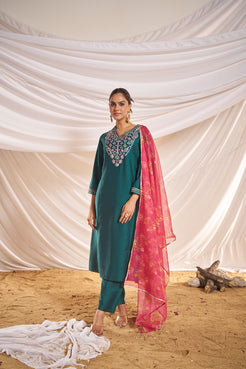 Kayra Green Multicolor Embroidered Chinnon Silk Suit Set - Straight Fit