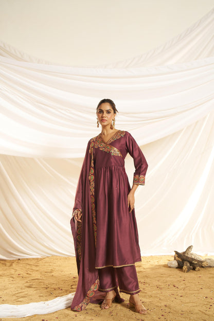 Kayra Wine Paisley Embroidered Sequin Angrakha Silk Suit Set