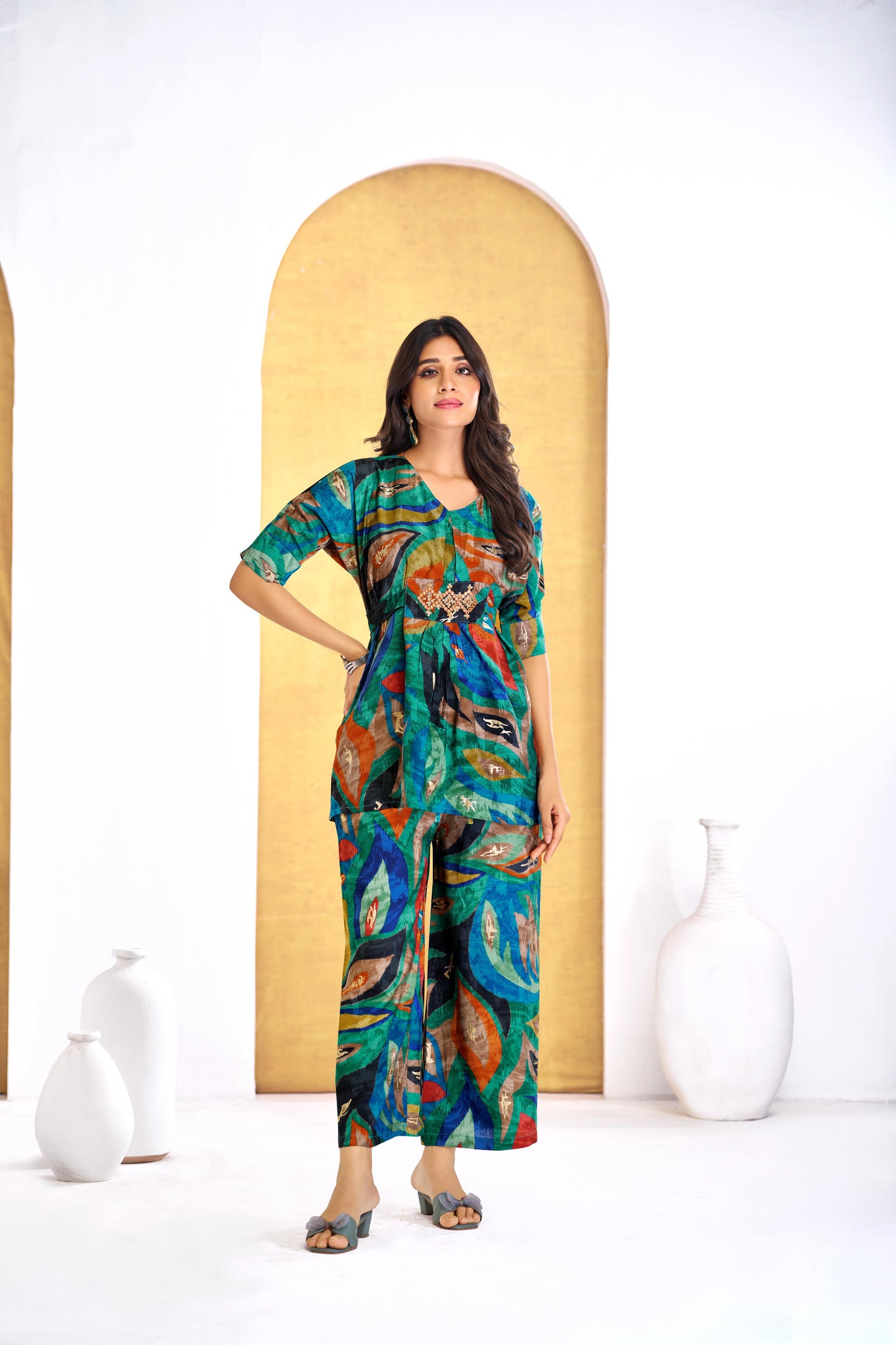 Kalki Green & Blue Modal Chanderi Women's Co-Ord Set – Elegant Ethnic Wear