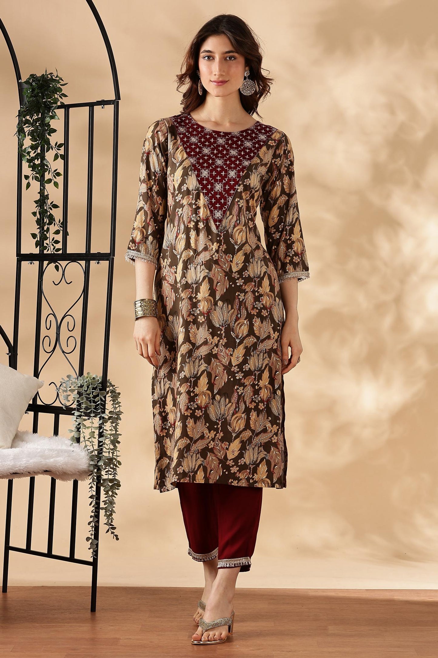 BulBul Areba Printed Wine & Olive Rayon Salwar Suit for Women – Elegant Ethnic Wear Set