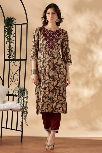BulBul Areba Printed Wine & Olive Rayon Salwar Suit for Women – Elegant Ethnic Wear Set