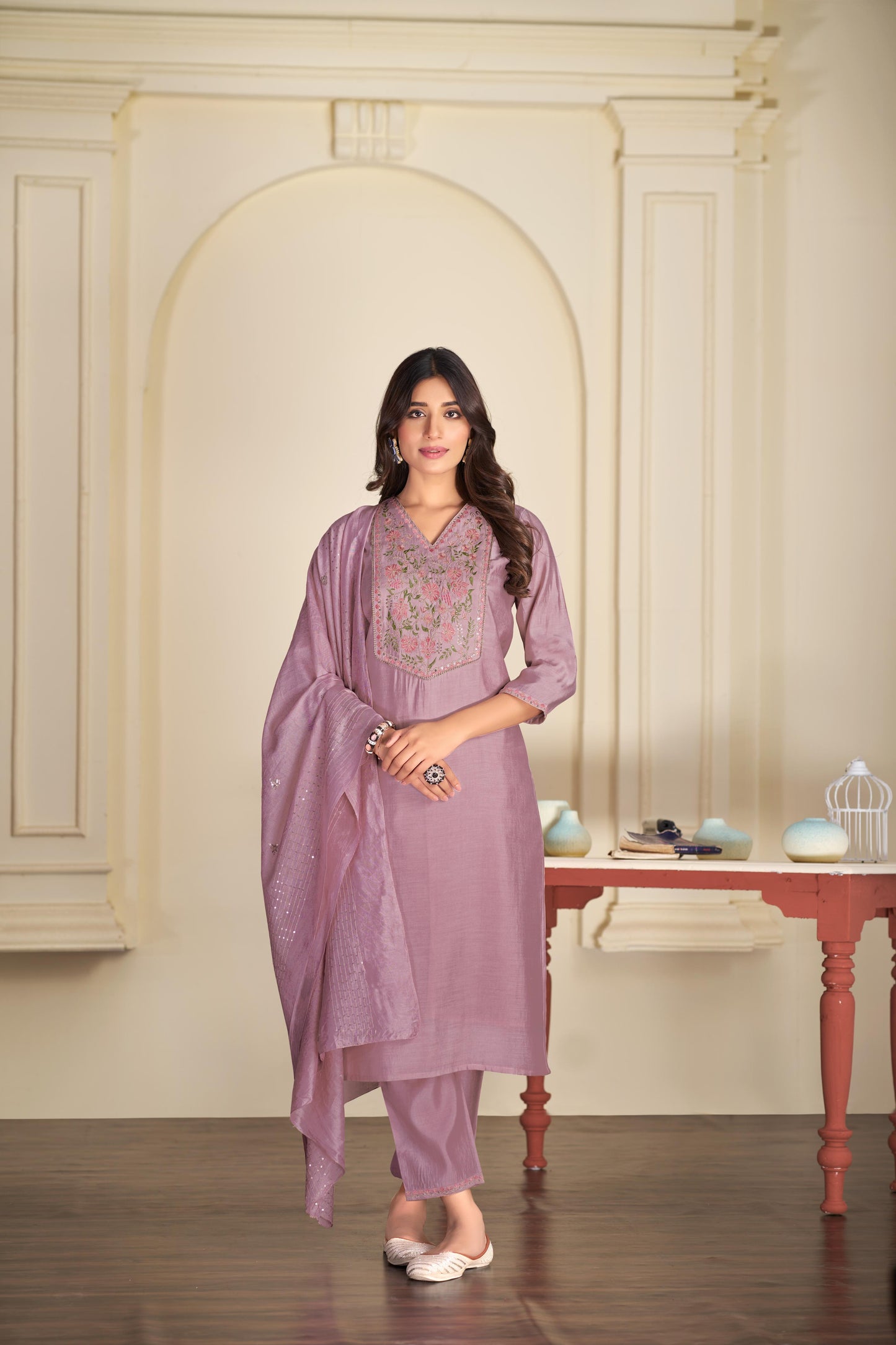 BulBul Preksha Green & Mauve Embroidered Roman Silk Salwar Suit for Women | Festive Ethnic Wear Set