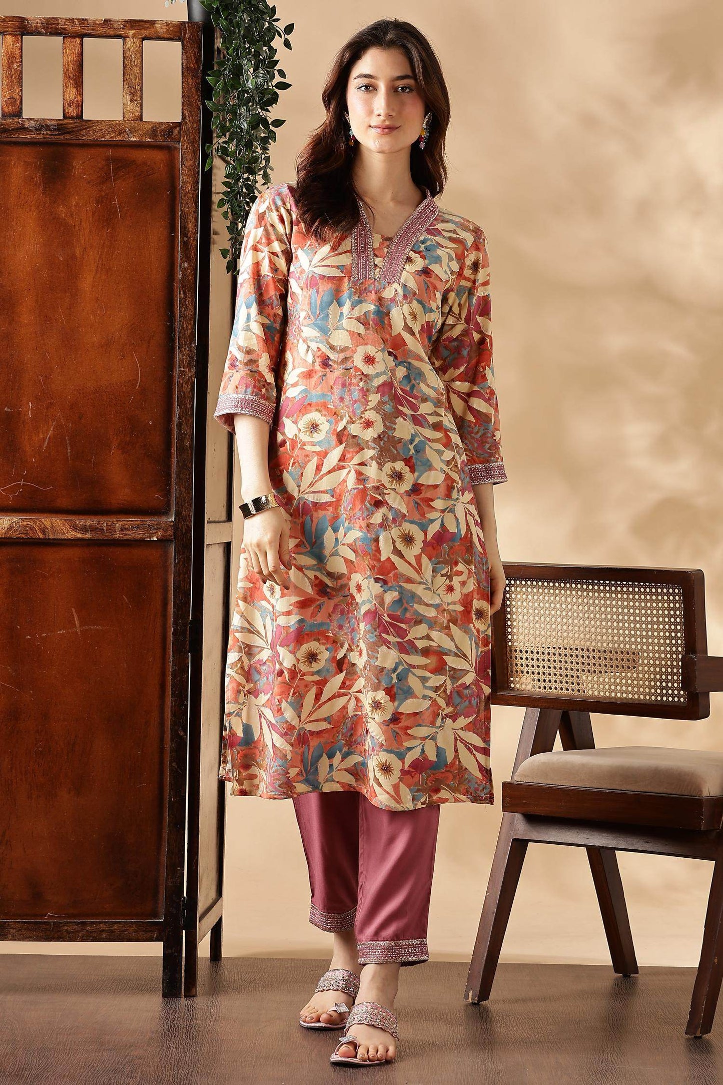 Designer Aafiya Green and Mauve Rayon Kurta with Dupatta Set