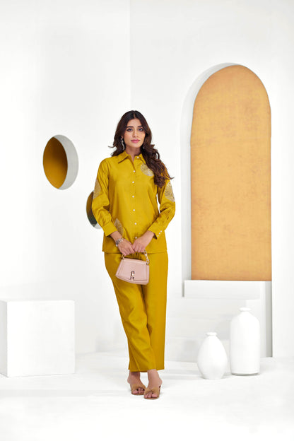 Preha Women's Mustard & Fuchsia Chanderi Co-Ord Set – Premium Silk Fabric